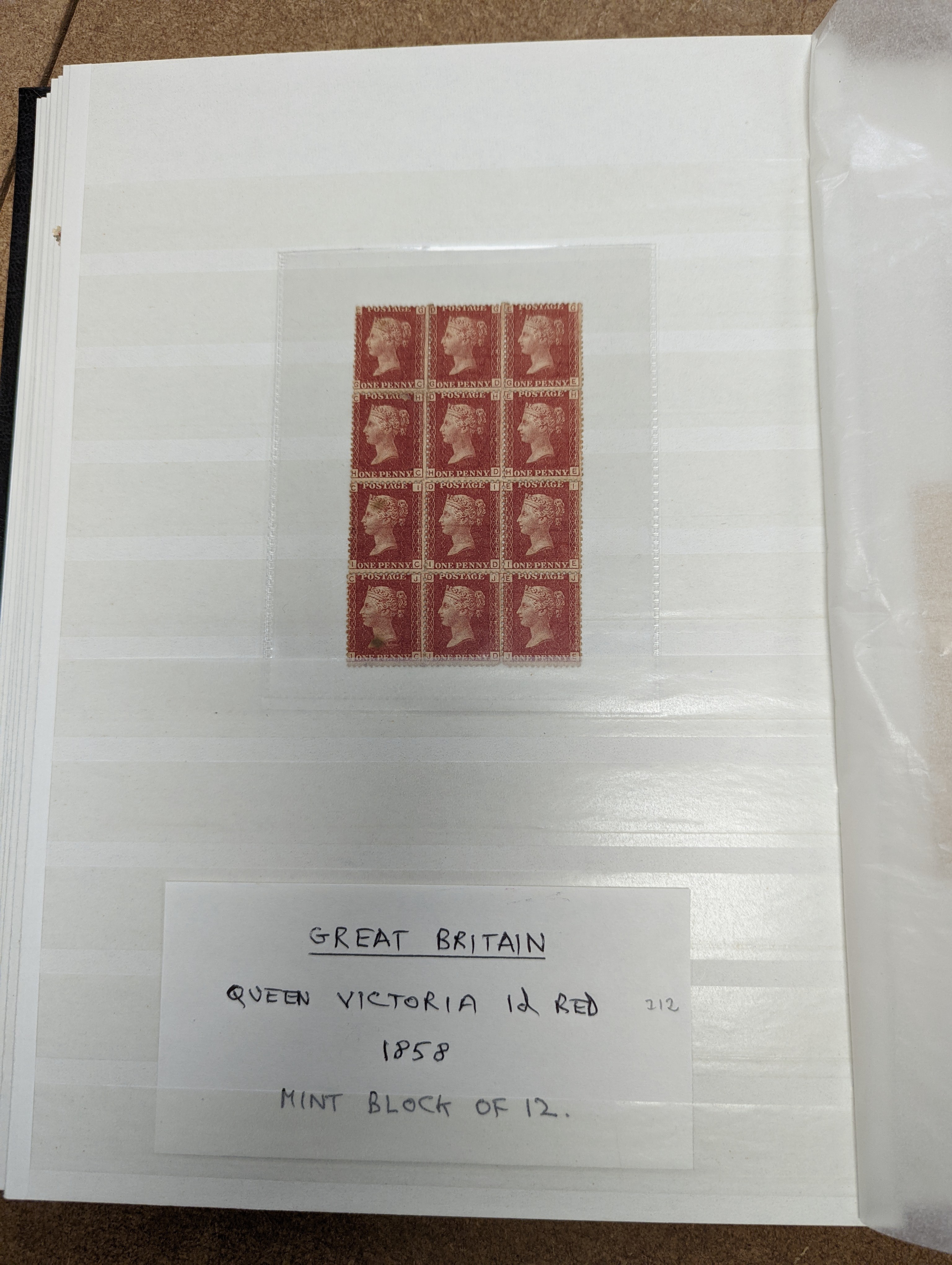 Great Britain stamps in stock book with 1840 1d black and 1841 2d blue unused. 1841 1d red brown mint block of 8, 1864-79 1d red plates in mint blocks including plate 79 block of 48, plate 170 block of 6 with marginal in